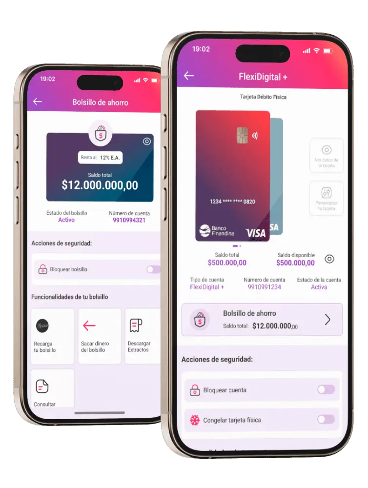 Pantallas de la app FlexiDigital+ de Banco Finandina con opciones de ahorro y gestión de tarjeta