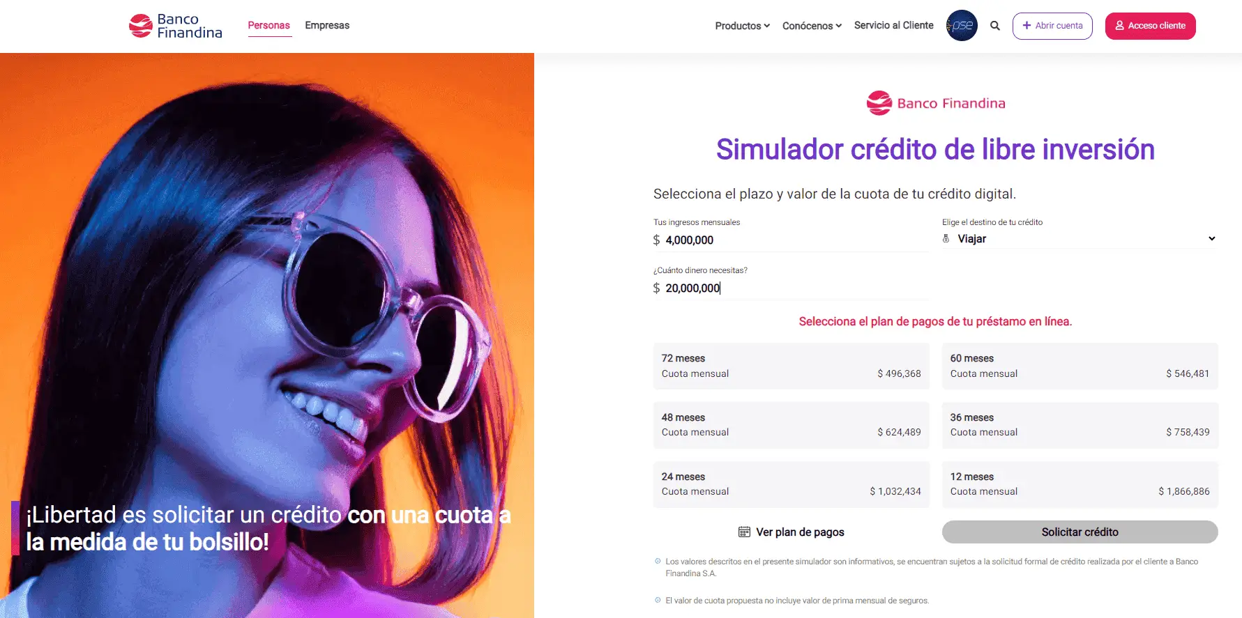 interfaz de usuario de un simulador de credito libre inversión